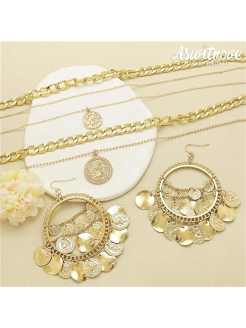 2 Pcs Women's Layered Golden Pirate Necklace Earrings Chunky Chain Layered - Picture 7 of 7